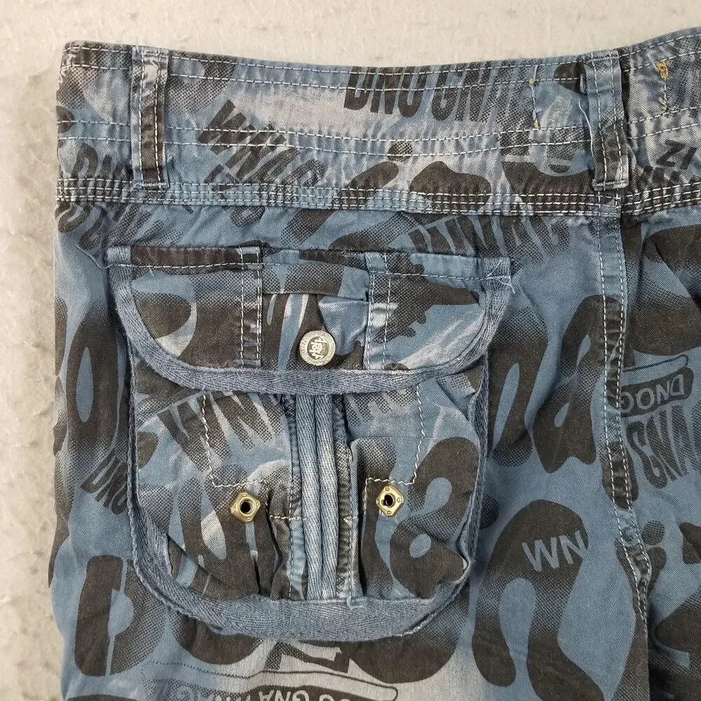 Cargo Shorts Mens 32 Blue All Over Print Multi Pocket‎ Drawstring Y2K Streetwear